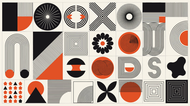 Abstract Bauhaus Geometric Shape Pattern Vector Set &ndash; Modern Retro Black Orange White Grid Design Elements for Background