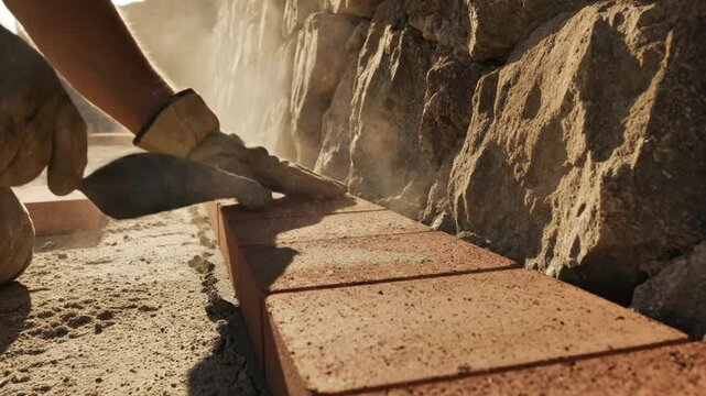 Construction worker using a trowel to expertly level and align red paving bricks alongside a stone wall