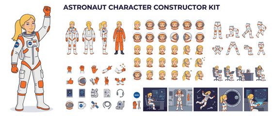 Astronaut Character Constructor Kit Vector – Female Space Character with Multiple Poses Expressions Accessories and Scene Backgrounds © Ahmed