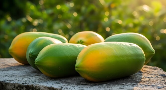 Ripe papayas on a stone surface with lush green foliage background