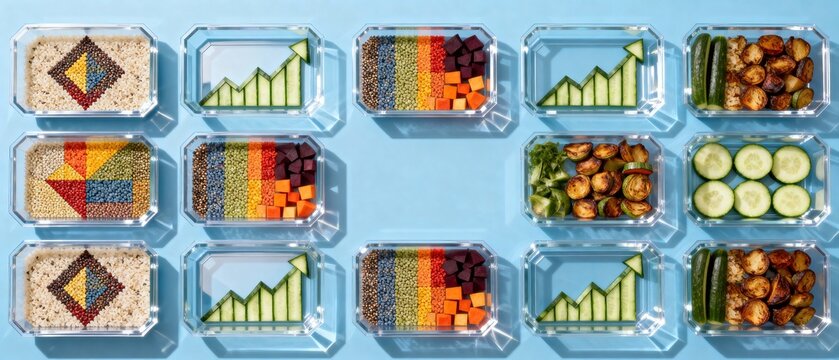 Healthy Meal Prep Containers with Colorful Vegetables and Nutrition Charts, Balanced Diet Planning Concept, Fitness Food Organization and Clean Eating Lifestyle