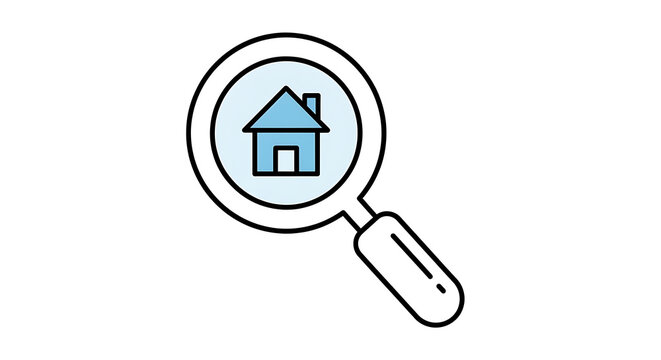 A magnifying glass with a house icon is used for searching real estate properties.