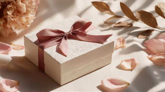 Elegant Mother's Day gift box with matte texture and velvet ribbon bow, pink carnation. Soft morning light with bokeh. Morandi red and cream white. Negative space for text. For banner or media.