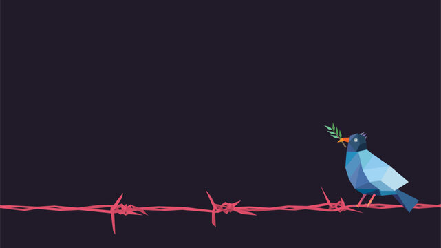 Polygon blue peace dove carrying olive branch on pink barbed wire with dark purple background have blank space.