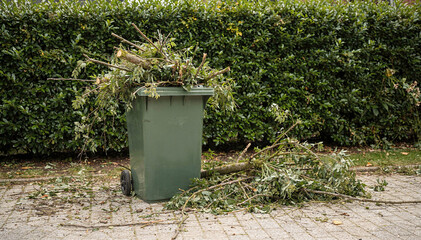 Obraz premium Green Waste Bin Overflowing with Pruned Branches and Leaves in a Garden