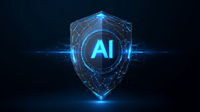 Cyber security intelligence data protection shield with letter AI circle technology analysis vector logo design concept. Abstract shield security icon logotype symbol for ID protection, privacy, ui.