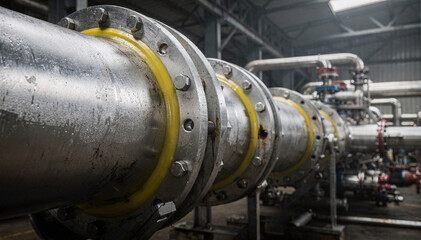 Obraz premium Industrial Steel Pipeline with Yellow Gaskets in a Production Facility