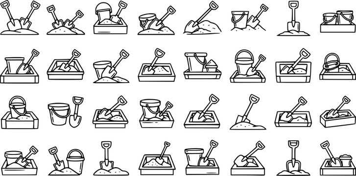 Childhood Play Line Art Icons: Sand Shovels, Buckets, and Sandboxes for Kids' Summer  Beach Activities