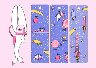 Cute narwhal Space Bookmarks Set © Artybee Studio
