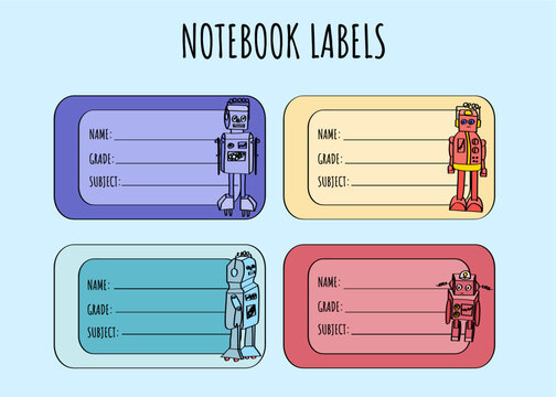 Notebook Labels with Robot Illustrations