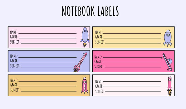 Space-Themed Notebook Labels with Cartoon Rockets