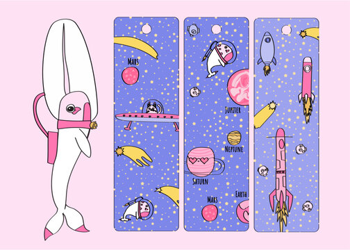 Cute narwhal Space Bookmarks Set