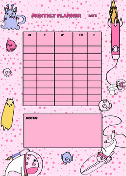 Pink Space Themed Monthly Planner Template with Cartoon Astronaut Animals