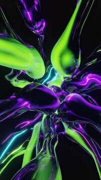 Green and purple liquid splash collision. Abstract fluid simulation with glowing neon dynamic shapes. Motion graphic background for futuristic digital art display.