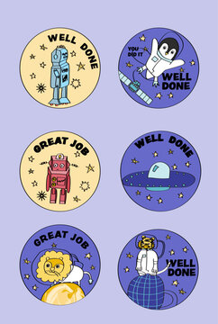 Set of Motivational Reward Stickers with Cartoon Characters