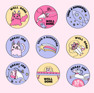 Set of Cute Hand-Drawn Motivational Reward Stickers