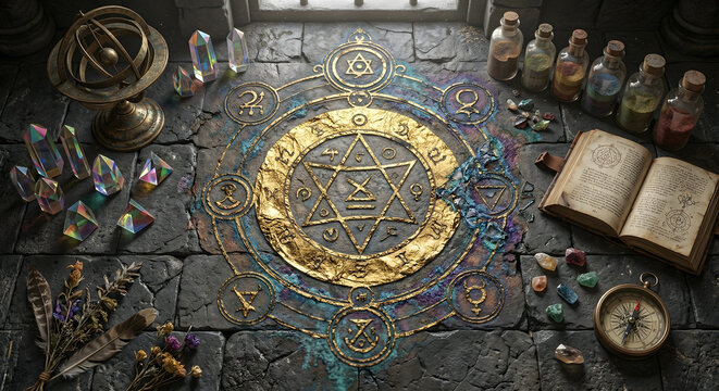 Ancient Alchemical Sigil in Weathered Stone and Gold