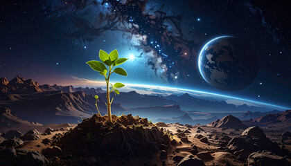 Plant growing in space with earth