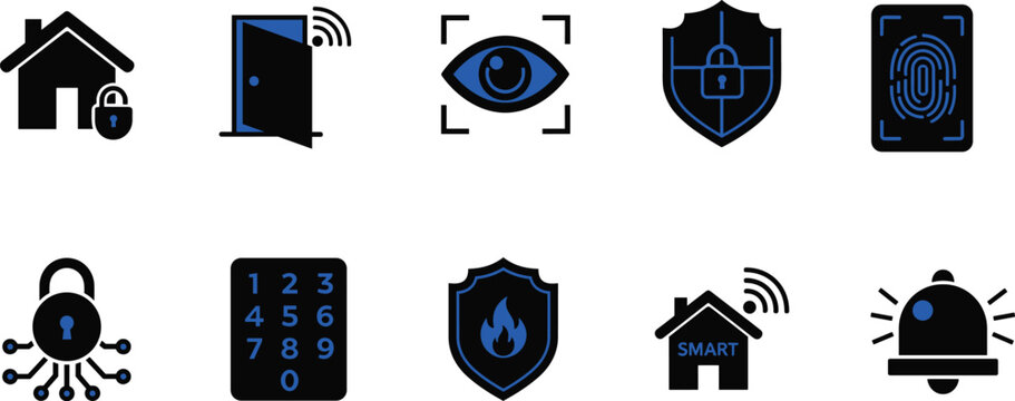 Stylized decorative smart home security silhouette illustration featuring house lock, fingerprint biometric, shield protection, alarm siren, digital surveillance artwork design.