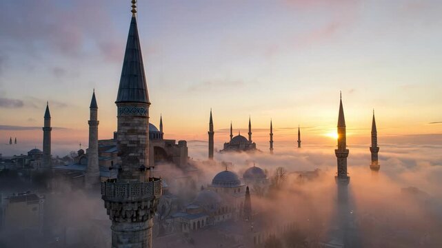 Aerial view of Hagia Sophia and Blue Mosque in Istanbul at sunrise with thick fog