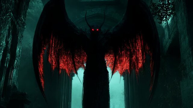 Sinister winged demon spreading its glowing red wings in a dark, ancient, and eerie ruin