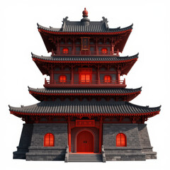 Fototapeta premium Traditional Chinese Pagoda with Red Lanterns and Tiled Roof