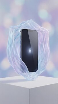Futuristic smartphone with soft iridescent protective barrier, secure lock and bubbles loop