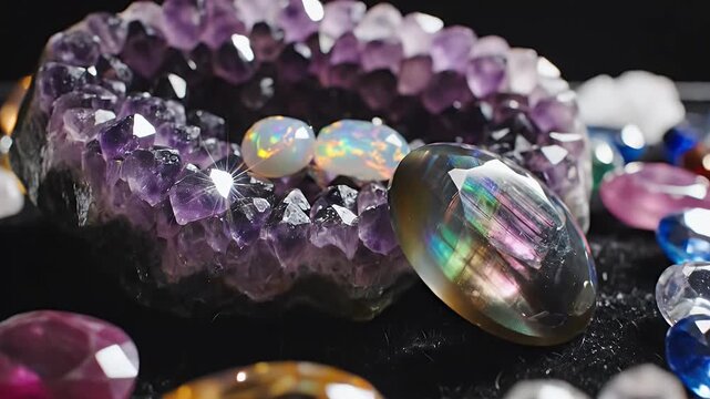 Gemstone collection featuring amethyst emerald citrine opal on dark surface