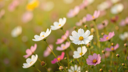 Fototapeta premium White and Pink Cosmos Flowers Blooming in Soft Sunlight