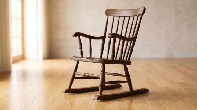Elegant dark wood rocking chair in a sun-drenched, minimalist living room representing peace, comfort, and a life of quiet reflection.