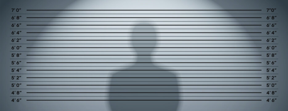 Mugshot lineup dark background with height chart or police measurement wall. Criminal identification backdrop for arrest, suspect portrait, investigation. Shadow silhouette of prisoner with copy space