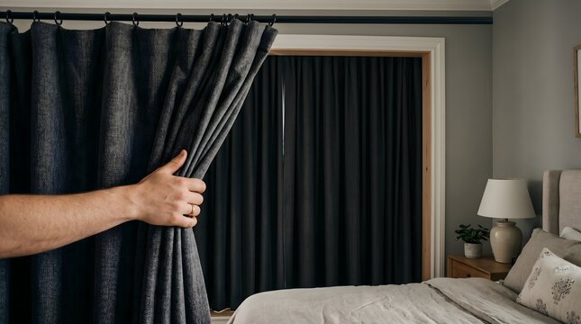 Man's hand pulling back heavy grey curtains in a modern, minimalist bedroom, revealing privacy and interior design style.