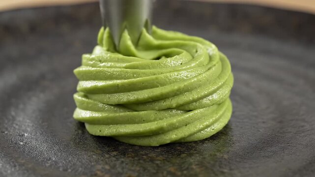Green rosette cream piped decoration close-up on a black plate culinary presentation