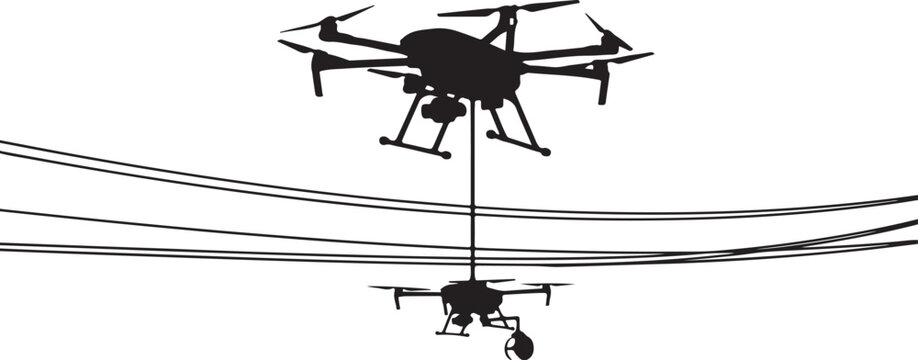 Drone, quadcopter, aerial vehicle, flying machine, black silhouette, wireframe illustration, 2D vector graphics