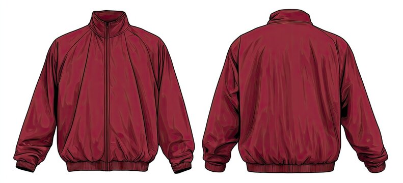 Maroon jacket, front & back views, bomber style, full zip, high collar, long sleeves, elastic cuffs & hem