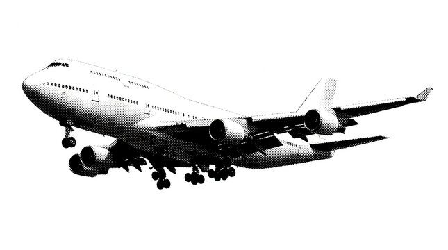 A large four engine jet airliner with landing gear extended in flight with a halftoned effect 187 characters airplane aircraft jumbo jet aviation transport travel journey