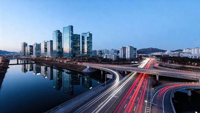 Aerial View of Modern Korean Cityscape with Highway and River at Dusk high detail professional stock image with natural lighting, modern composition, commercial use ready, visually appealing scene for
