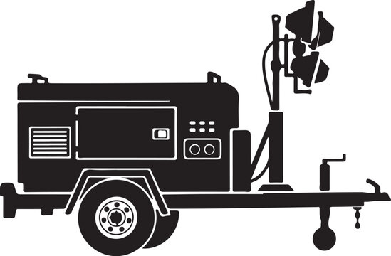 Mobile light tower, trailer mounted, black silhouette, construction equipment, generator