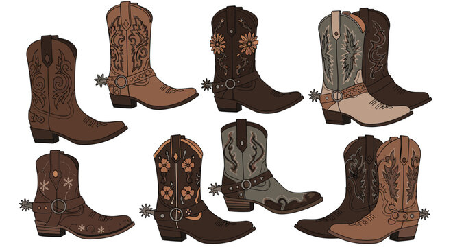 Set of eight unique cowboy boots with various colors and intricate western-style patterns and spurs on a white background.