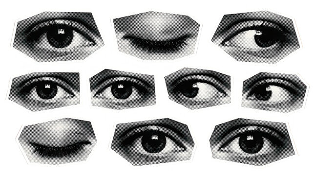 Collage of multiple human eyes in varying poses rendered in a stark black and white halftone dot pattern creating an abstract and graphic visual dots portrait detail emotion