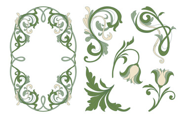 Elegant art nouveau floral frame, corners with ornate botanical ornament and decorative vintage border. Botanical vector design elements for sophisticated projects isolated on background