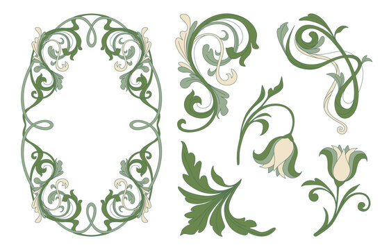 Elegant art nouveau floral frame, corners with ornate botanical ornament and decorative vintage border. Botanical vector design elements for sophisticated projects isolated on background