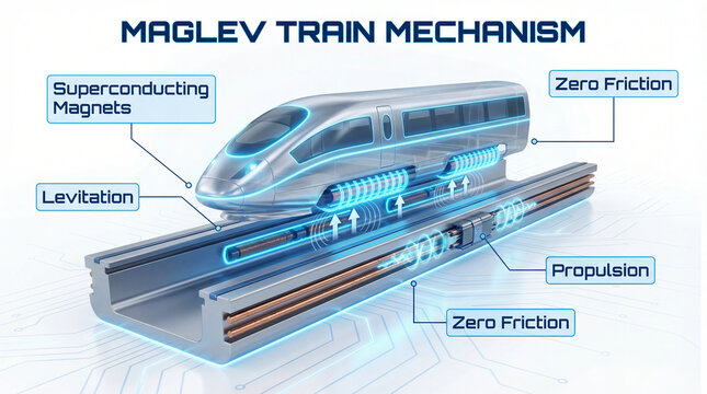 Maglev train mechanism infographic guide. Train diagram shows superconducting magnets levitation propulsion zero friction principles for future rail transport engineering education marketing banner