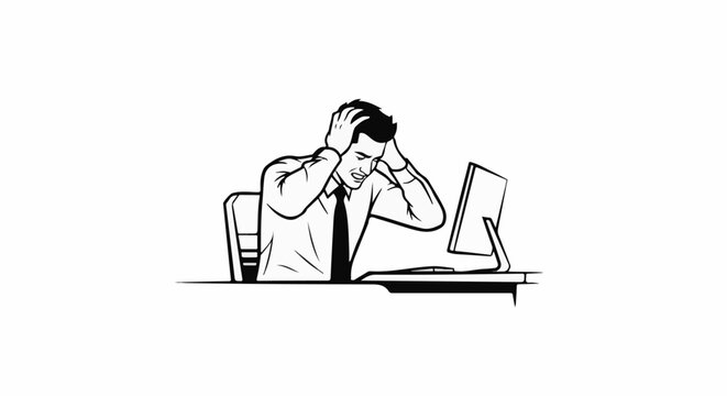 Man in shirt and tie clutches head in despair at computer