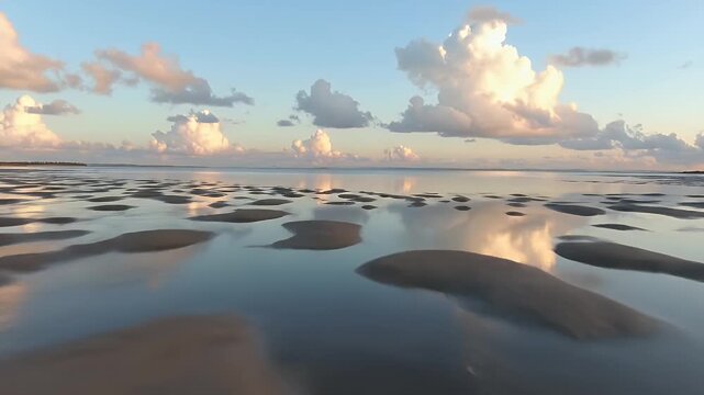 Low tide sand patterns reflecting sunset sky on wet sandy coast at tropical beach