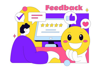 Fototapeta premium Customer Feedback Vector Illustration With Rating Stars Review System, User Opinion Survey, Mobile App Evaluation And Online Service Experience