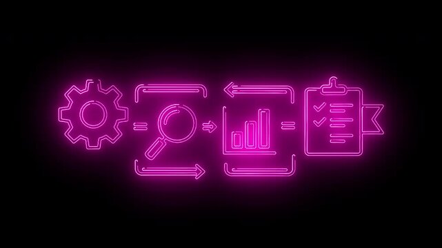 Neon pink flowchart icons on a black background with a gear, magnifying glass, bar graph, and checklist.