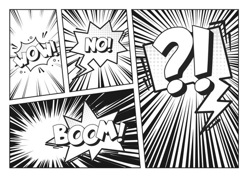 Comic book retro background with speech bubbles, cartoon frames, pop art panel pattern for sound effects, vector illustration. Manga style collage template with halftone dots and dynamic motion strips