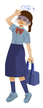 青い顔でめまいに苦しめられる、女子学生のイラスト