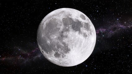 Obraz premium Close up of supermoon full moon in starry night sky with constellations and nebula background, representing astronomy, space exploration, night sky observation